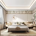 Modern Chinese Bedroom Interior With Floral Wallpaper Bed Nightstands Pendant Lights And Green Plants