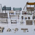 Various Public Facilities Including Market Stalls Wooden Seats Storage Racks And Baskets