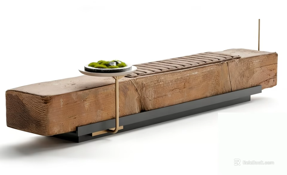 Rustic Wooden Stool With Modern Black Metal Base And Green Plant Tray 3d model 
