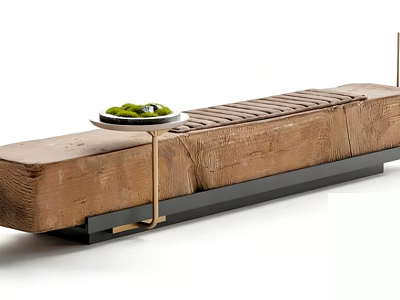 Rustic Wooden Stool With Modern Black Metal Base And Green Plant Tray 3d model