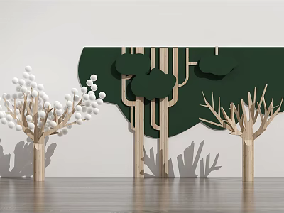 Stone and Wood Tree Decorations Featuring Ball Branches and Green Clouds on Wooden Floor 3d model