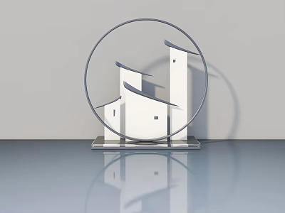 Modern Style Hinged Door Design With White Buildings And Circular Frame On Sleek Surface 3d model