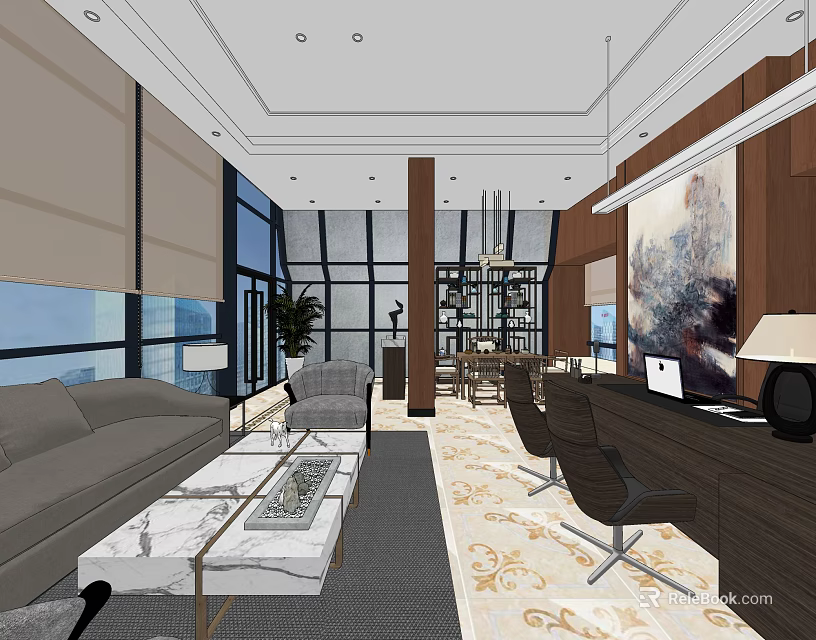 Modern Office Interior With Sofa Coffee Table Desk Large Windows And Decorative Painting 3d model 