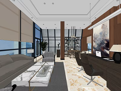 Modern Office Interior With Sofa Coffee Table Desk Large Windows And Decorative Painting 3d model