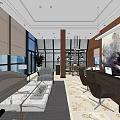 Modern Office Interior With Sofa Coffee Table Desk Large Windows And Decorative Painting