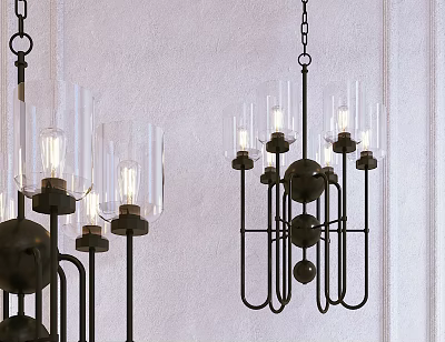 Modern Black Metal Chandelier With Transparent Glass Shades And Multiple Hanging Bulbs 3d model