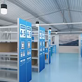 Storage Warehouse Interior With Blue Counter White Shelves And Ceiling Lights 3d model