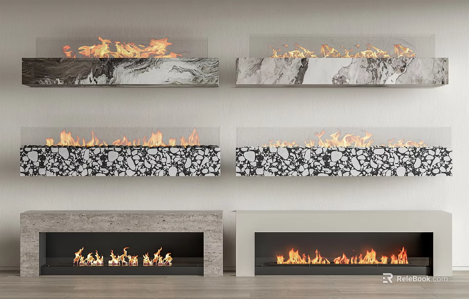 Various Modern Marble Fireplaces With Burning Flames And Stylish Interior Designs 3d model 