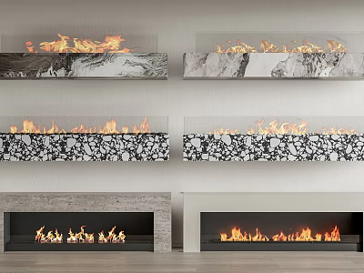 Various Modern Marble Fireplaces With Burning Flames And Stylish Interior Designs 3d model