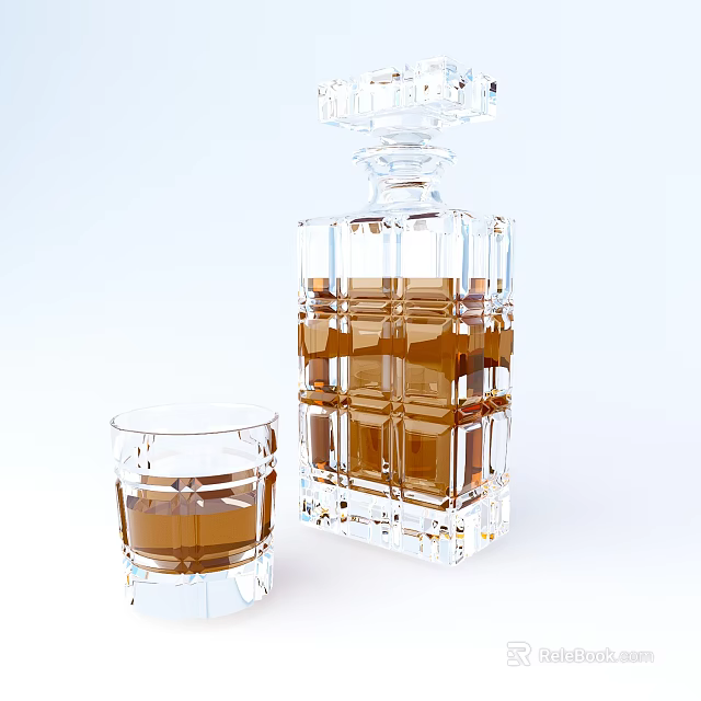 Transparent Square Whiskey Decanter with Brown Liquid and Glass on White Background 3d model