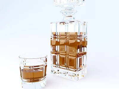 Transparent Square Whiskey Decanter with Brown Liquid and Glass on White Background 3d model