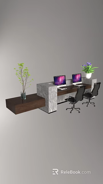 Modern Bar Counter Workspace With Marble Top Computers Plants And Office Chairs 3d model 