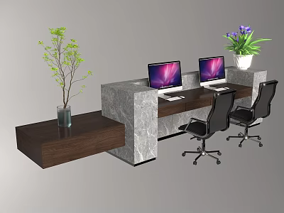 Modern Bar Counter Workspace With Marble Top Computers Plants And Office Chairs 3d model