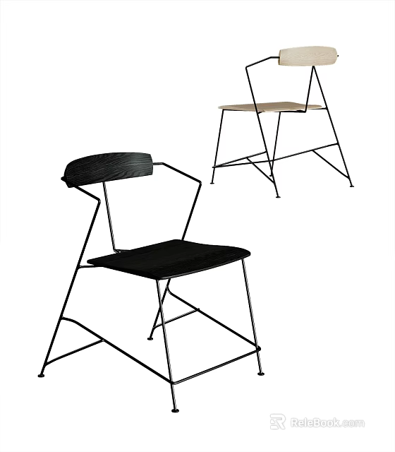 Modern Single Chair With Metal Frame And Wooden Seat In Black Natural Tones 3d model 