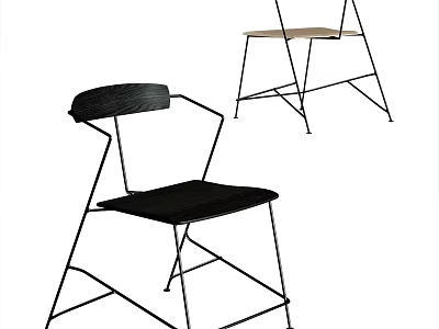 Modern Single Chair With Metal Frame And Wooden Seat In Black Natural Tones 3d model