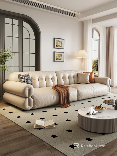 Beige Leather Button Tufted Sofa and Coffee Table Set with Pillows Checkered Rug and Wall Art 3d model 