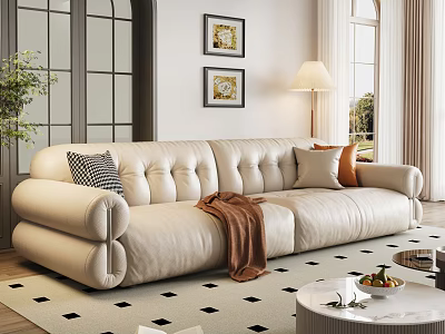 Beige Leather Button Tufted Sofa and Coffee Table Set with Pillows Checkered Rug and Wall Art 3d model
