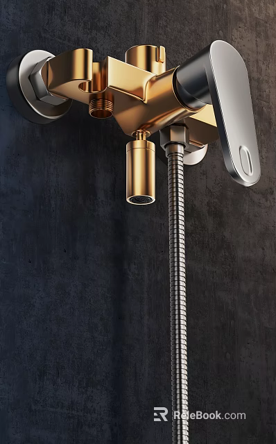 Wall Mounted Gold And Silver Faucet With Metal Hose On Dark Background 3d model 