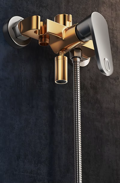 Wall Mounted Gold And Silver Faucet With Metal Hose On Dark Background 3d model
