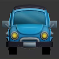 Cute blue cartoon car with dark roof yellow headlights and reflection