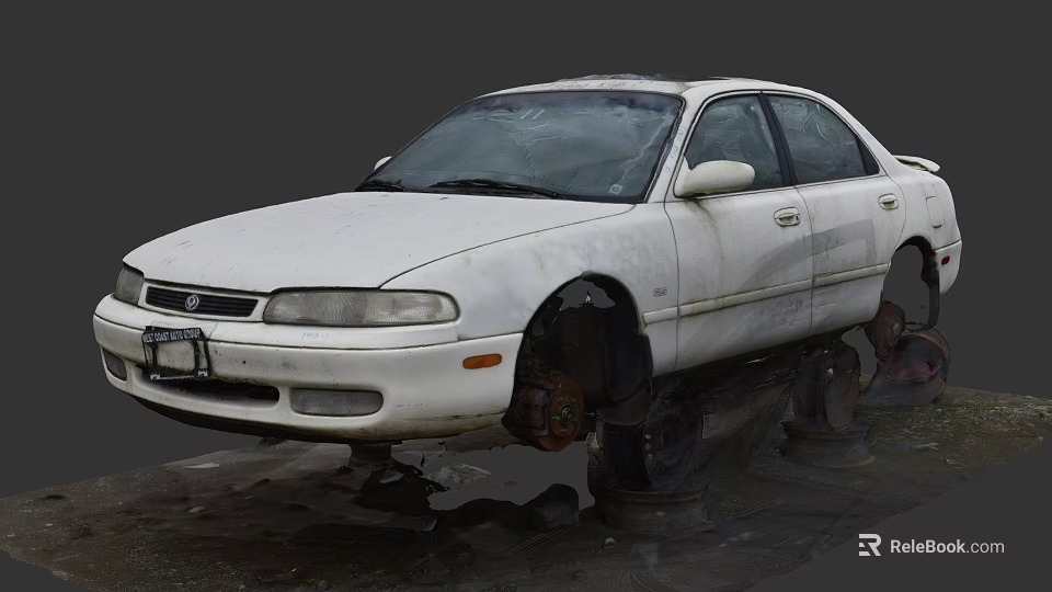 White Old Worn Car With Removed Wheels And Stained Body On Ground 3d model 