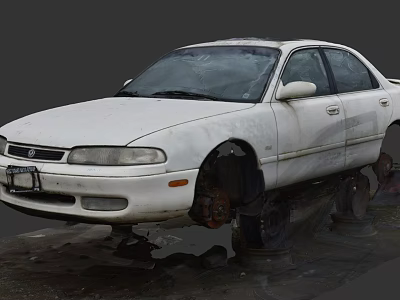 White Old Worn Car With Removed Wheels And Stained Body On Ground 3d model