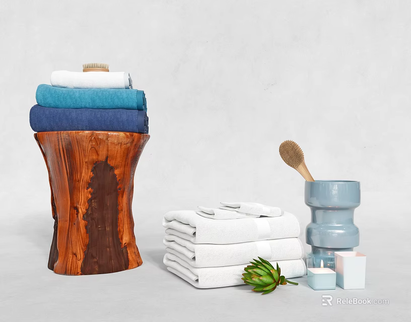 Stylish Bathroom Accessories With Soft Towels Wooden Container Bath Brush Candles And Green Plant 3d model 