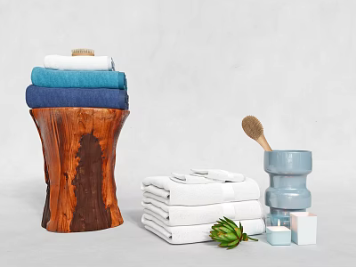 Stylish Bathroom Accessories With Soft Towels Wooden Container Bath Brush Candles And Green Plant 3d model