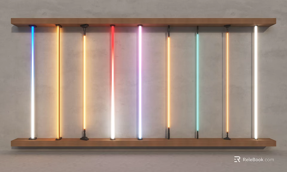 Colorful Decorative Strip Lights Mounted On Wooden Shelf With Multicolored Glow 3d model 