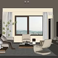 Modern Living Room Interior With Sofa Armchair Coffee Table Plant And Large Window View