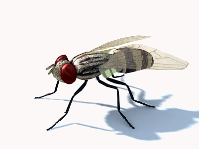 House Fly with Red Eyes Black and White Striped Body Transparent Wings and Black Legs 3d model