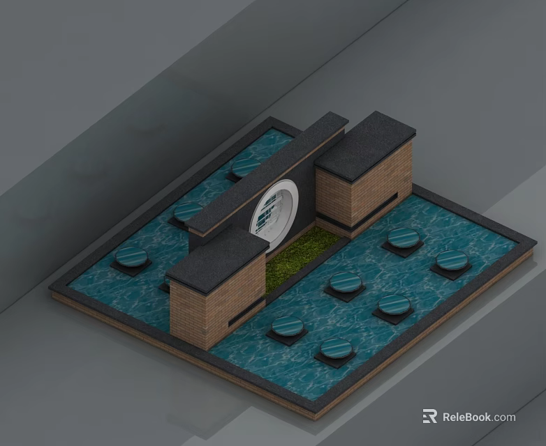 Brick Columns Circular Swing Door Entrance With Water Pool And Decorative Elements 3d model 