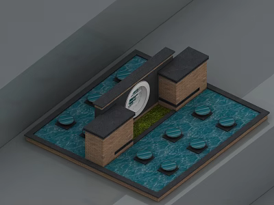Brick Columns Circular Swing Door Entrance With Water Pool And Decorative Elements 3d model