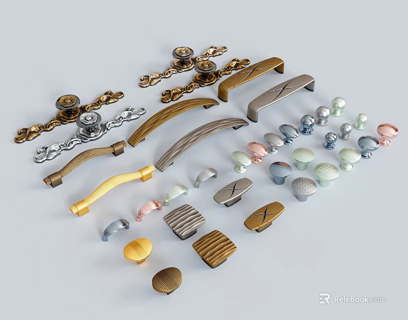 Colorful Kitchen Utensil Hardware Set With Various Drawer Handles And Knobs 3d model