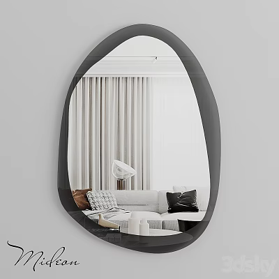 Modern Oval Mirror With Black Frame Reflecting Living Room Sofa Curtains And Lamp 3d model