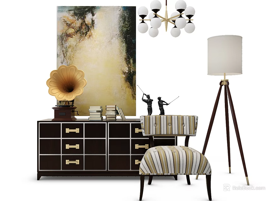 Elegant Console Cabinet With Gold Handles Gramophone Books Sculpture Striped Chair And Floor Lamp 3d model 