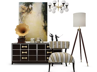 Elegant Console Cabinet With Gold Handles Gramophone Books Sculpture Striped Chair And Floor Lamp 3d model