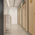 Accessible Public Toilet Interior With Yellow Handrails Modern Tiled Walls And Clean Facilities