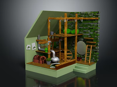Whimsical Cartoon Room with Green Brick Wall Wooden Shelves Ladder and Mirror 3d model