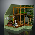 Whimsical Cartoon Room with Green Brick Wall Wooden Shelves Ladder and Mirror