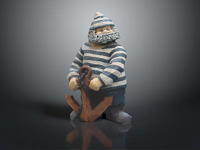 Seafarer Figurine In Striped Outfit With Bearded Face Holding Wooden Anchor Decoration 3d model
