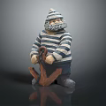 Seafarer Figurine In Striped Outfit With Bearded Face Holding Wooden Anchor Decoration