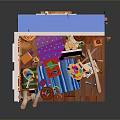 Art Studio Interior With Easel Paint Brushes Plants Birdcage And Window Curtains