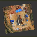Cartoon Construction Site Scene With Construction Machinery Blue Tents Trucks And Green Vegetation