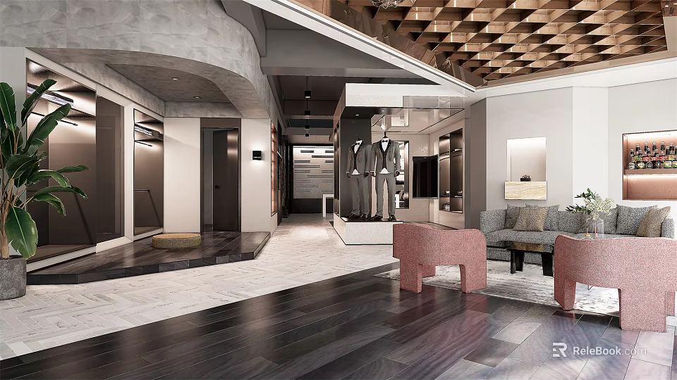 Modern Clothing Store Interior With Display Racks Pink Chairs And Wooden Ceiling 3d model 