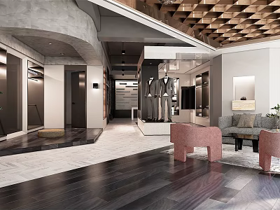Modern Clothing Store Interior With Display Racks Pink Chairs And Wooden Ceiling 3d model