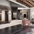 Modern Clothing Store Interior With Display Racks Pink Chairs And Wooden Ceiling