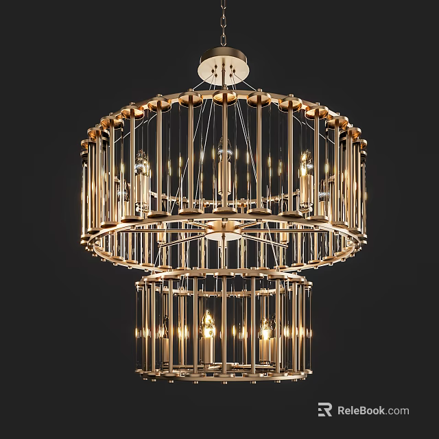 Modern Golden Double Layer Chandelier with Transparent Elements and Illuminated Design for Luxury Interior Spaces 3d model 