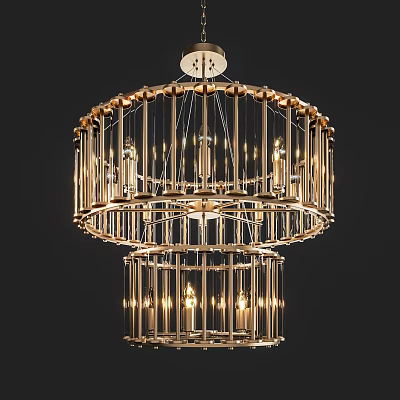 Modern Golden Double Layer Chandelier with Transparent Elements and Illuminated Design for Luxury Interior Spaces 3d model