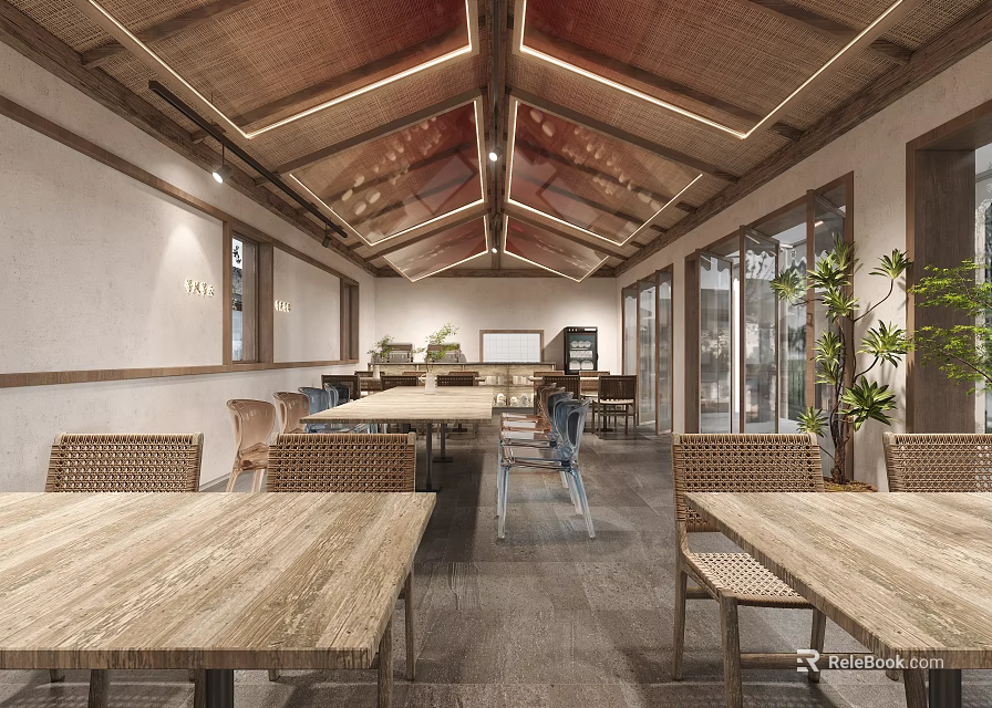 Rustic Restaurant Interior With Wooden Tables Chairs Ceiling Lighting And Green Plants 3d model 